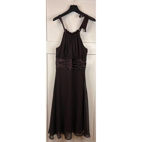 Connected Womens A Line Dress Brown Sleeveless Halter‎ Zip Ruched Satin Midi 12 - Picture 1 of 12